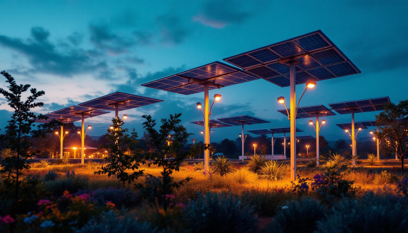 A photograph of a large solar-powered light installation in a vibrant outdoor setting