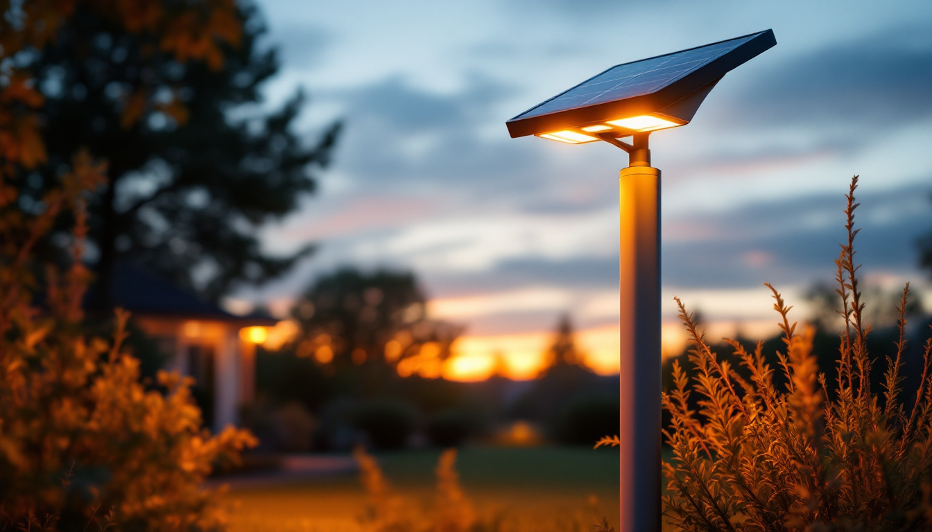 A photograph of a beautifully designed solar-powered yard light post in an outdoor setting