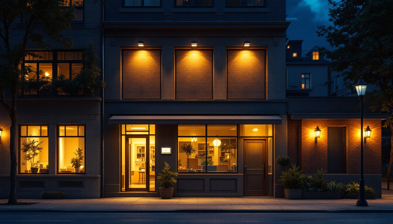 A photograph of a well-lit exterior commercial building at dusk