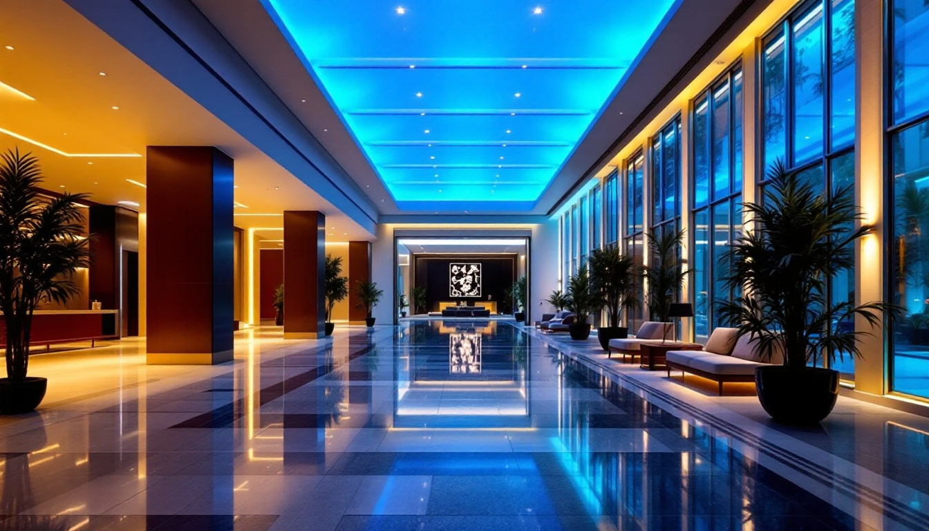 A photograph of a modern hotel lobby featuring innovative lighting designs