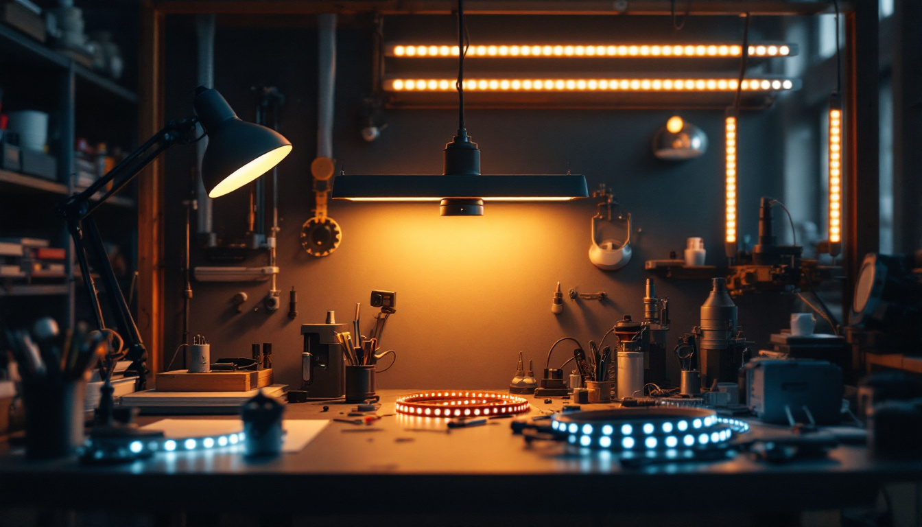 A photograph of a well-lit workspace featuring various led strip shop lights in use