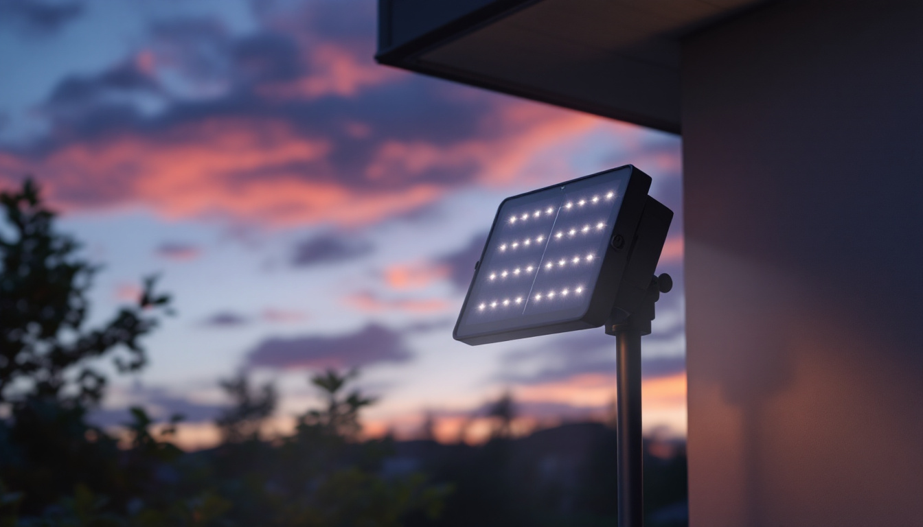 A photograph of a solar panel flood light installed in a serene outdoor setting at dusk