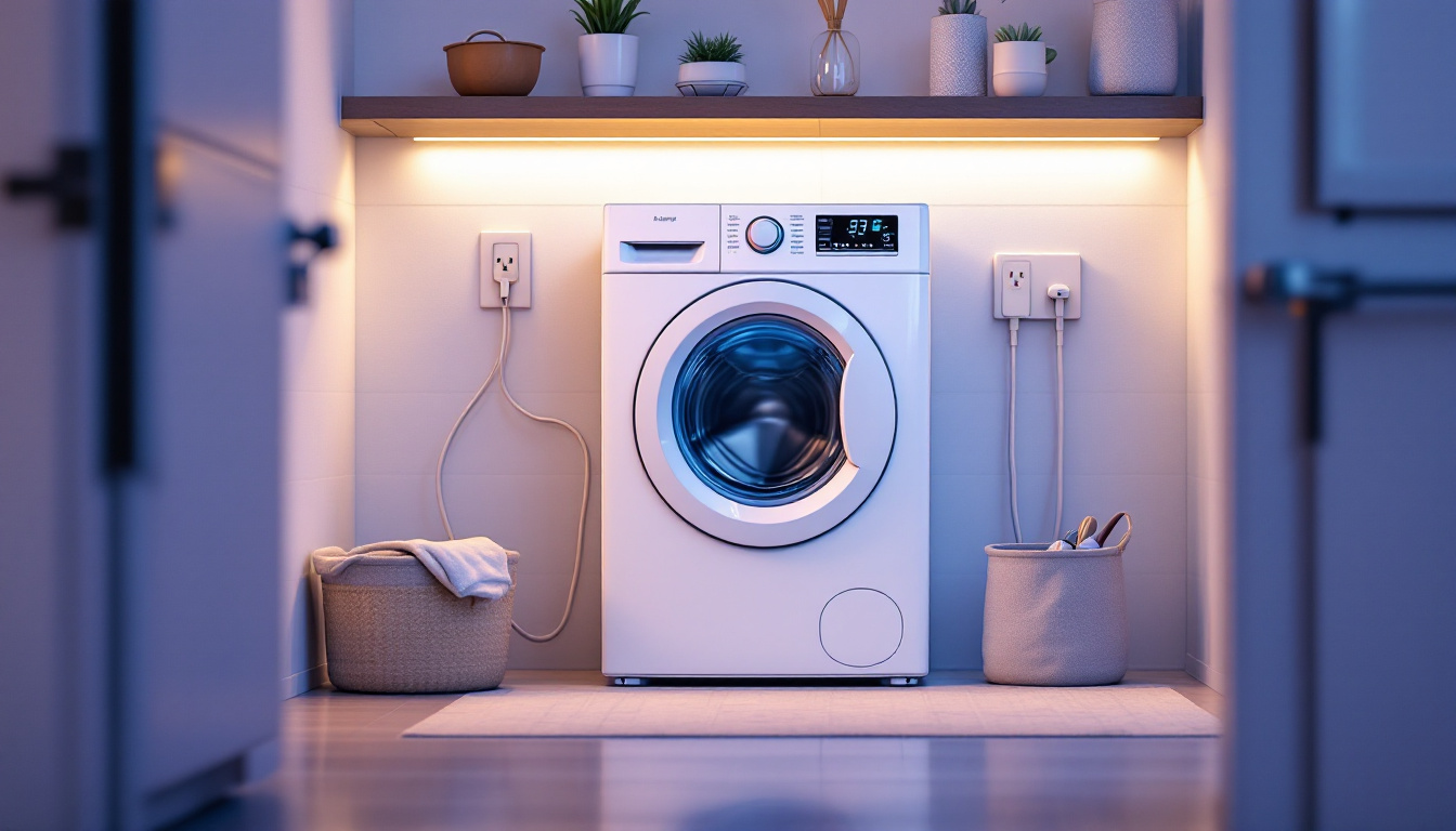 A photograph of a modern laundry room featuring an energy-efficient washing machine plugged into a well-organized electrical outlet