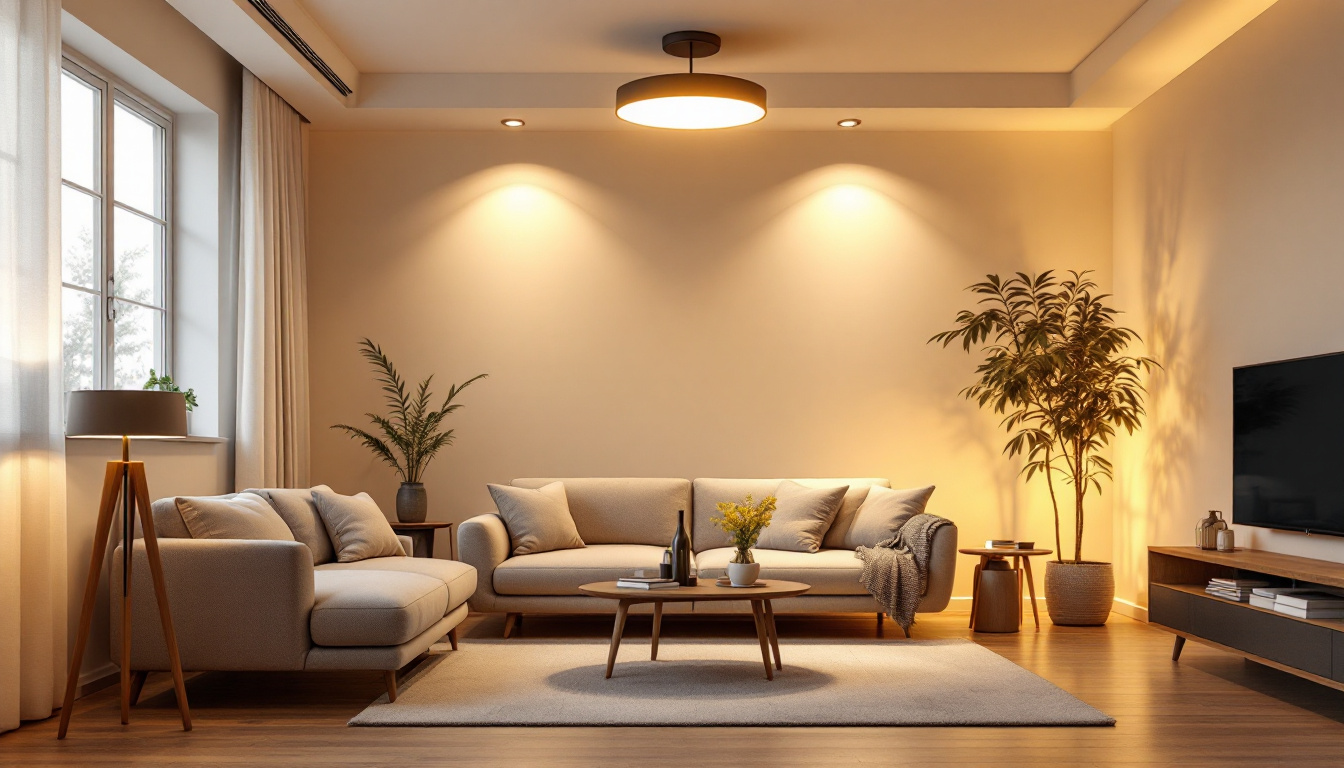 A photograph of a well-lit living space featuring stylish ceiling canned lights in various settings