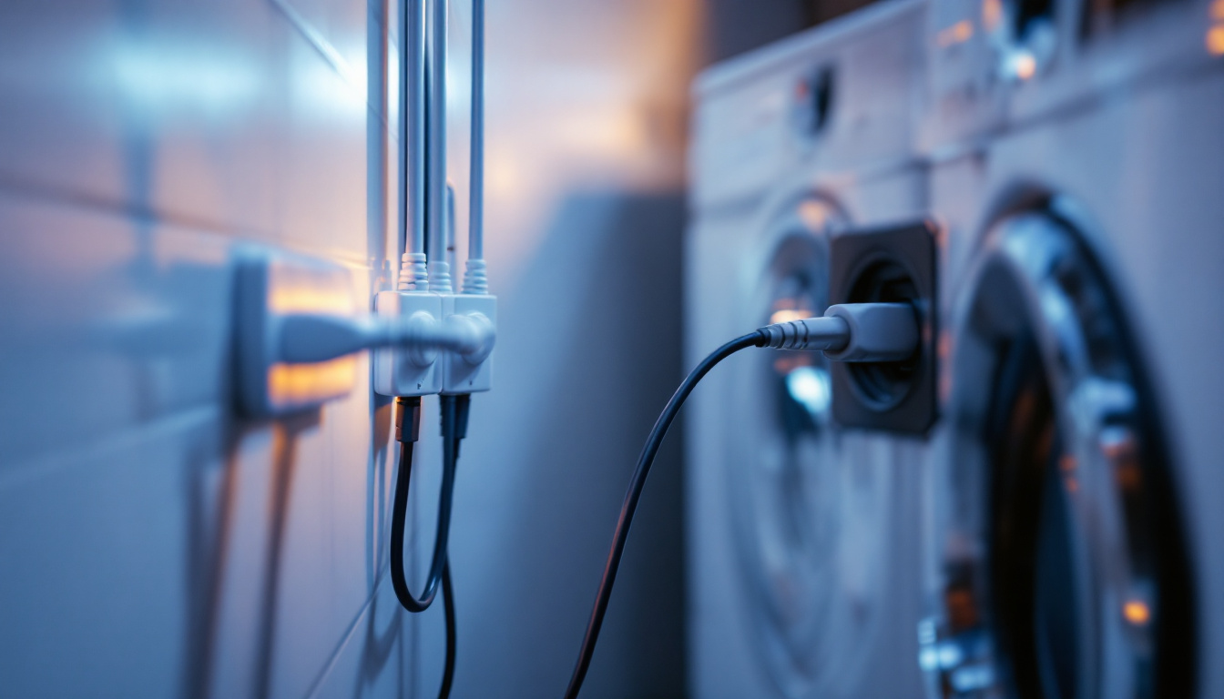 A photograph of a modern laundry room featuring a washing machine plugged into a power outlet