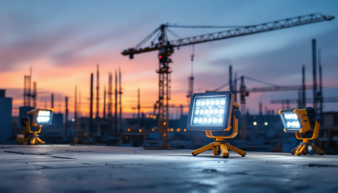 A photograph of a well-lit construction site at dusk