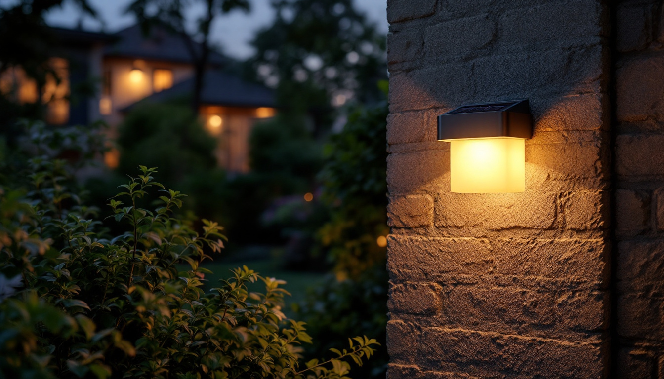 A photograph of a beautifully designed outdoor solar sconce illuminating a cozy patio or garden setting during dusk