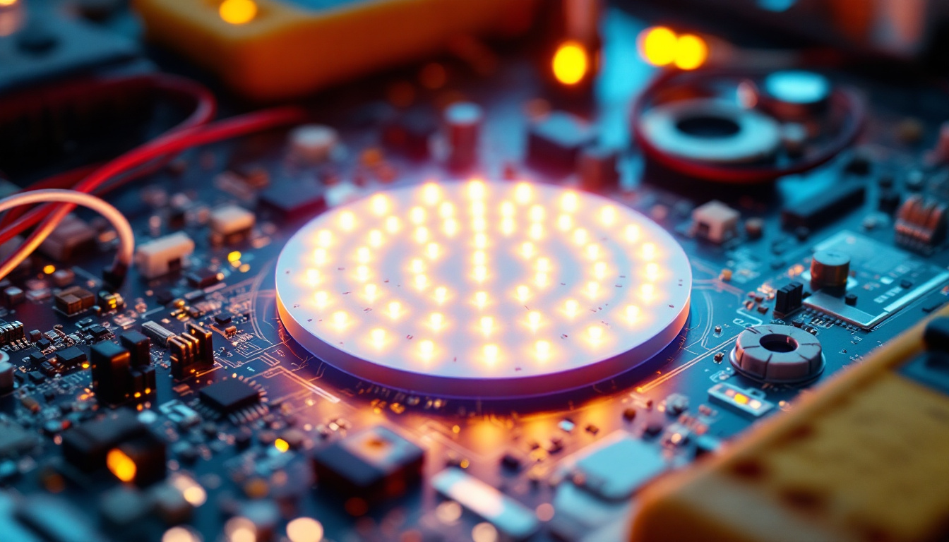 A photograph of a close-up of a vibrant led wafer surrounded by electrical engineering tools