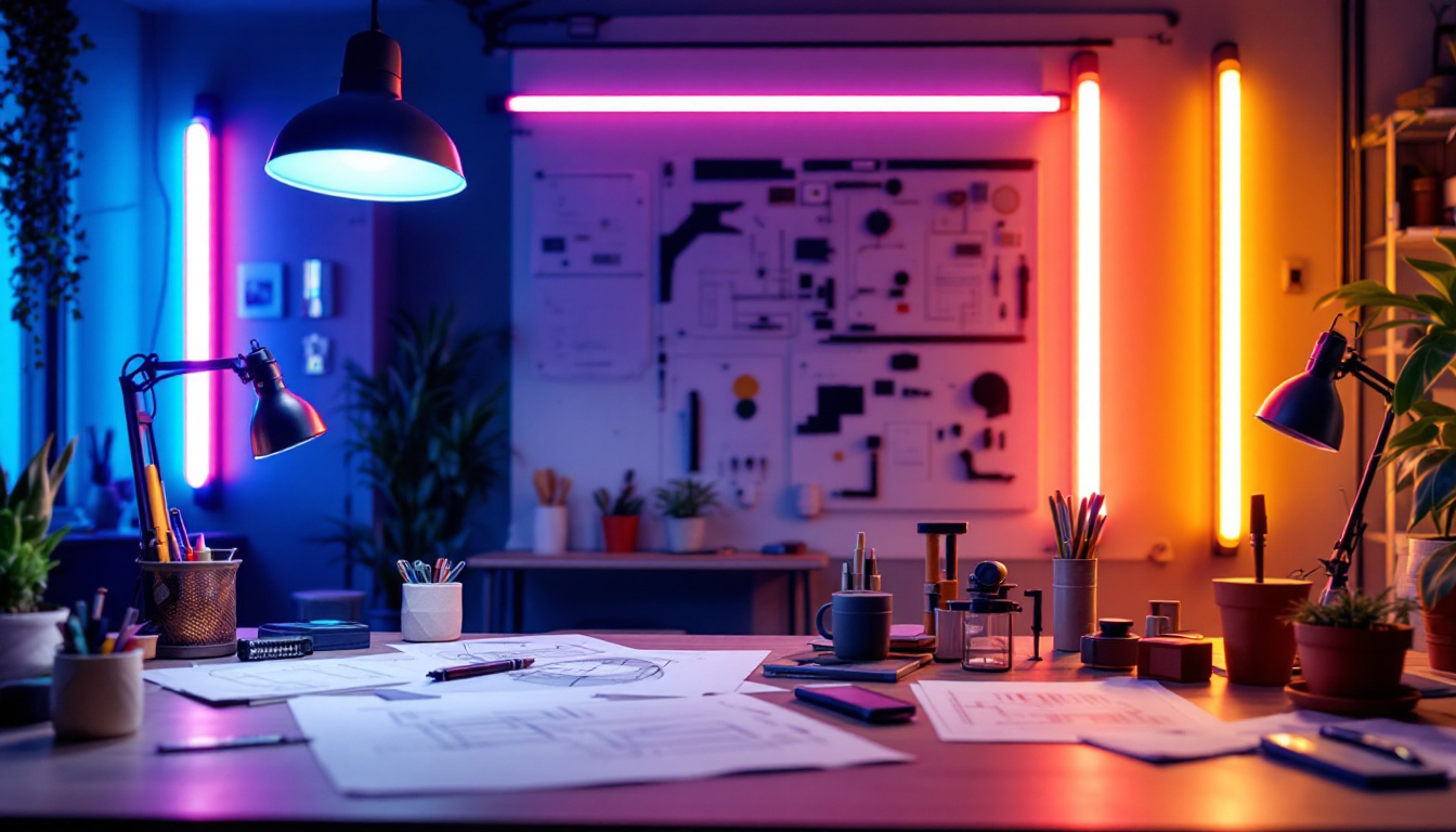 A photograph of a modern workspace illuminated by vibrant fluorescent lights