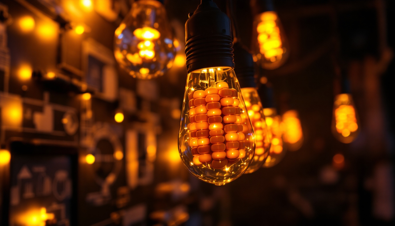 A photograph of a close-up of vibrant corn cob lights illuminating a dark space