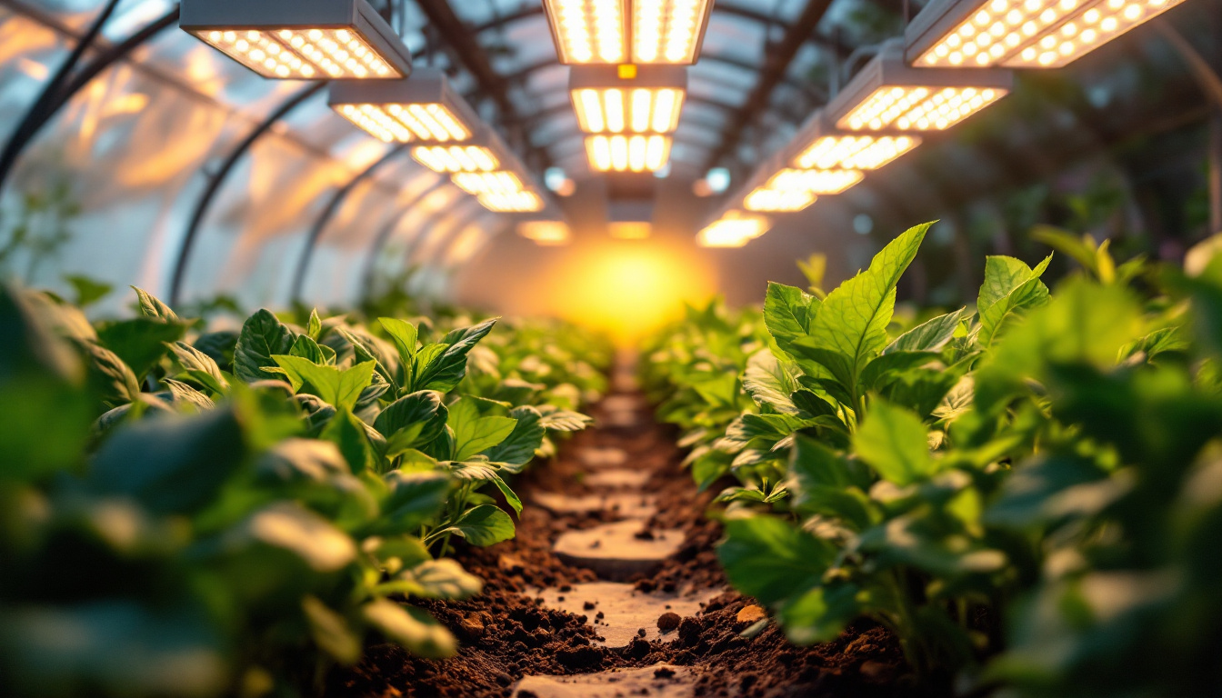 A photograph of a well-lit greenhouse interior showcasing various types of grow lights in action
