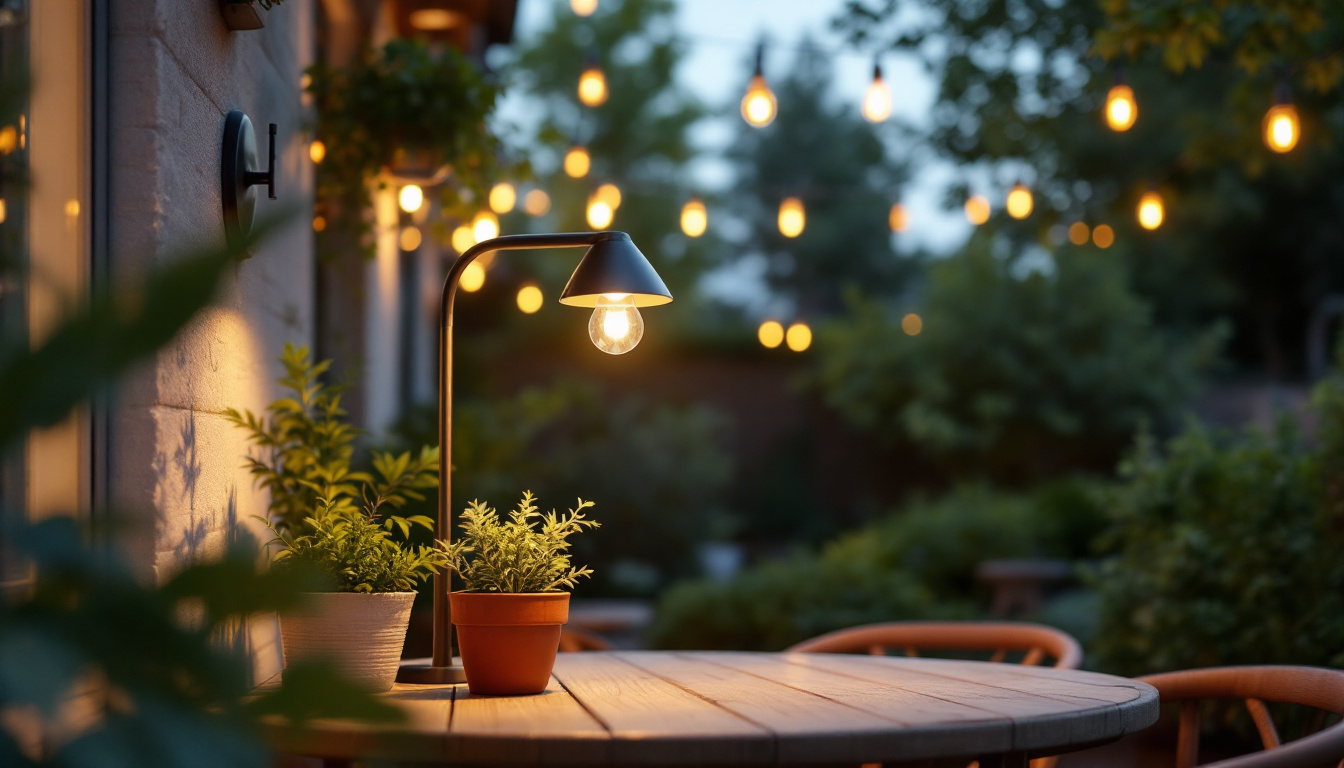 A photograph of capture a photograph of an elegantly designed outdoor gooseneck light illuminating a charming outdoor setting