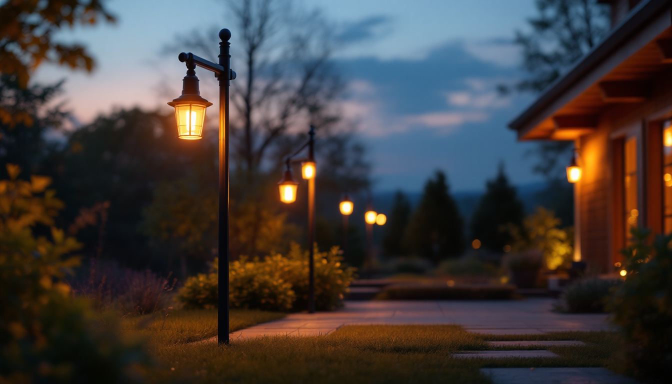 A photograph of a beautifully illuminated outdoor space featuring dusk-to-dawn light fixtures in action