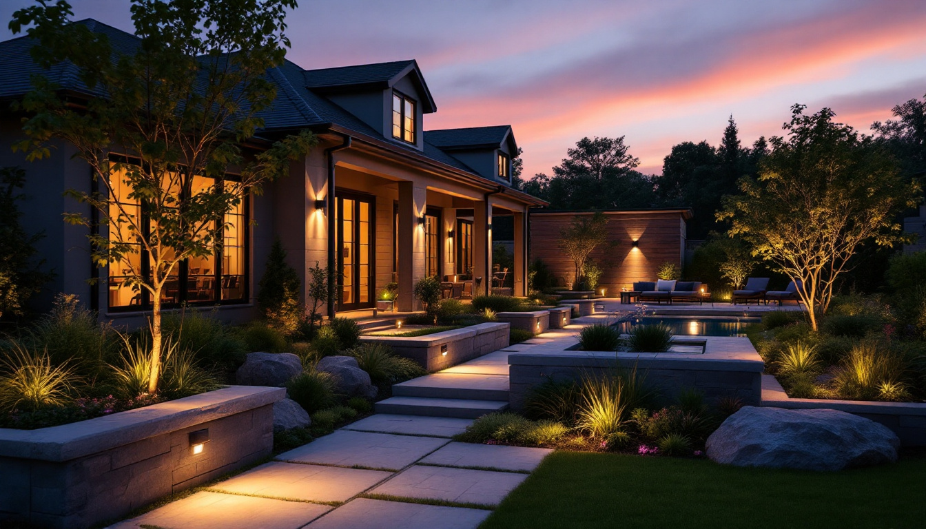 A photograph of a beautifully designed outdoor space illuminated by decorative flood lights