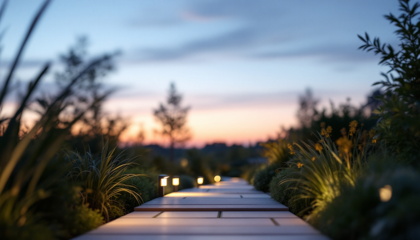 A photograph of a sleek outdoor motion sensor light illuminating a pathway or garden at dusk