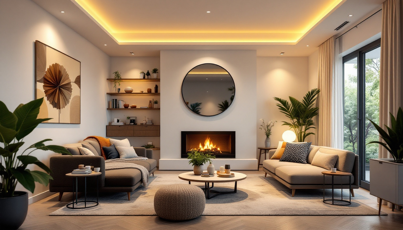 A photograph of a beautifully designed room featuring 4-inch recessed lighting trims in various settings