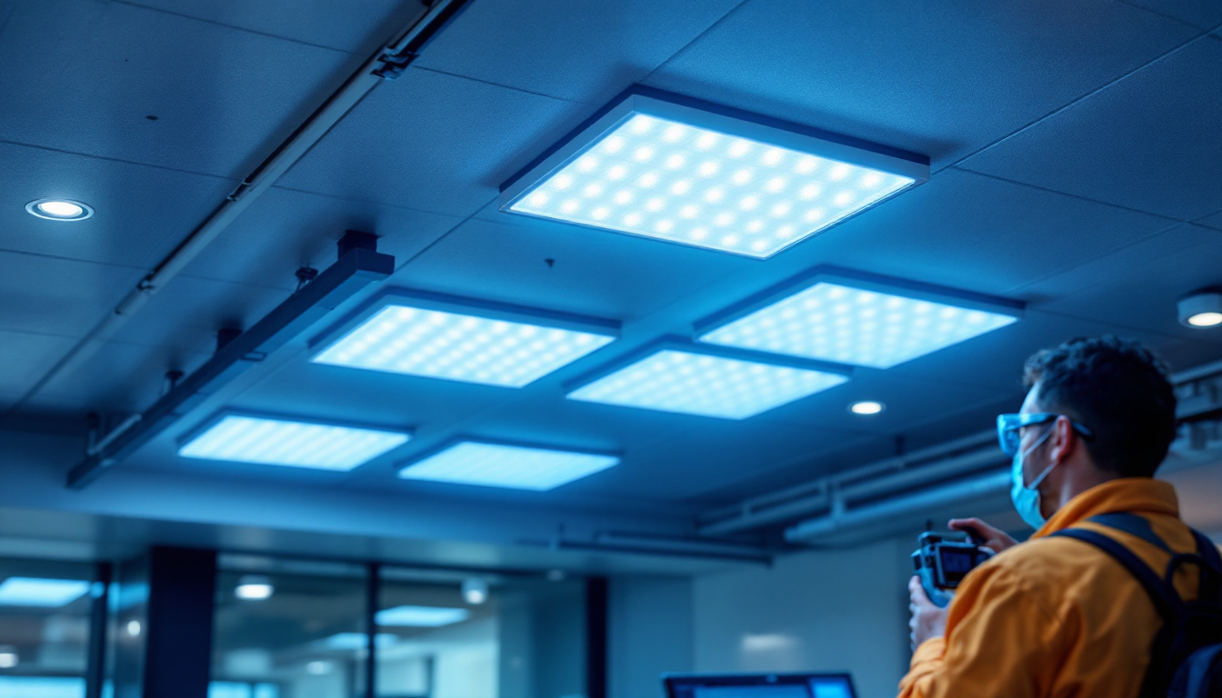 A photograph of a well-lit suspended ceiling featuring 2x2 led lights