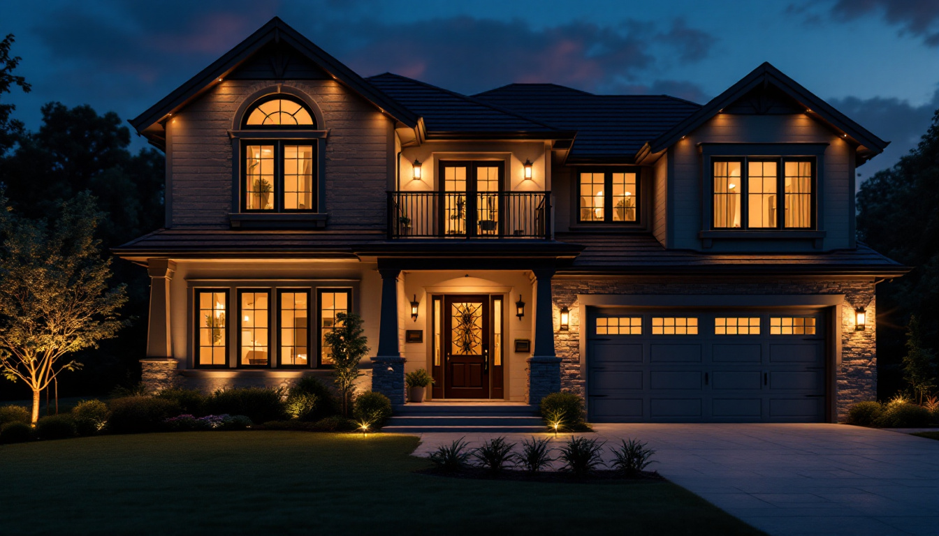 A photograph of a beautifully illuminated house exterior at dusk