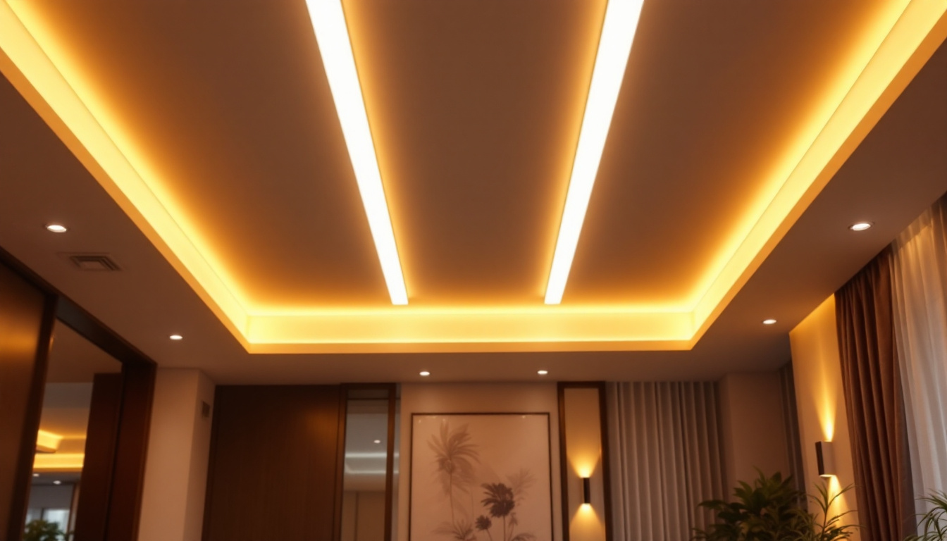 A photograph of a modern ceiling adorned with sleek strip lighting