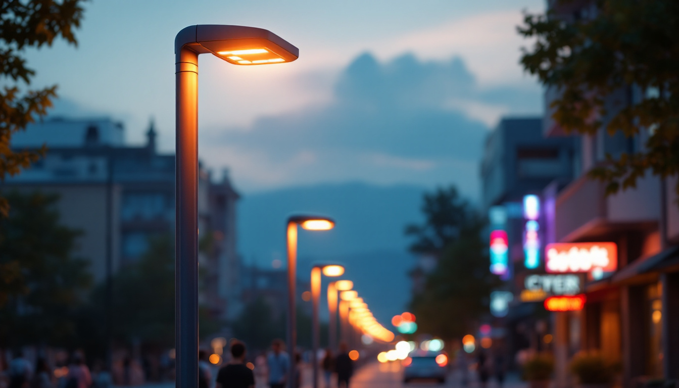 A photograph of a modern pole street light illuminating a vibrant urban street at dusk