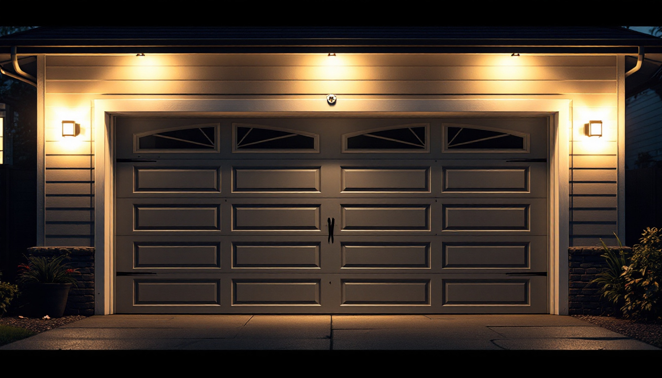 A photograph of a well-lit exterior garage showcasing led lights in action