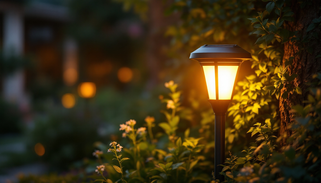 A photograph of a beautifully designed outdoor solar light illuminating a garden or patio setting at dusk