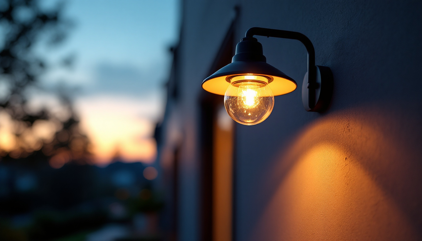 A photograph of a beautifully illuminated outside garage light fixture at dusk