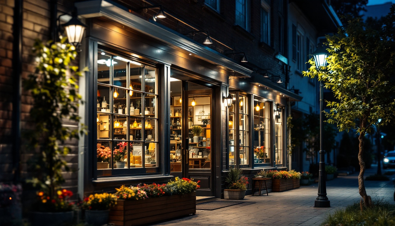 A photograph of capture a photograph of a well-lit exterior shop showcasing various types of exterior shop lights in use