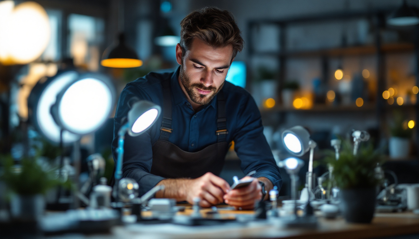 A photograph of a skilled electrical engineer examining a variety of led lights in a modern workspace