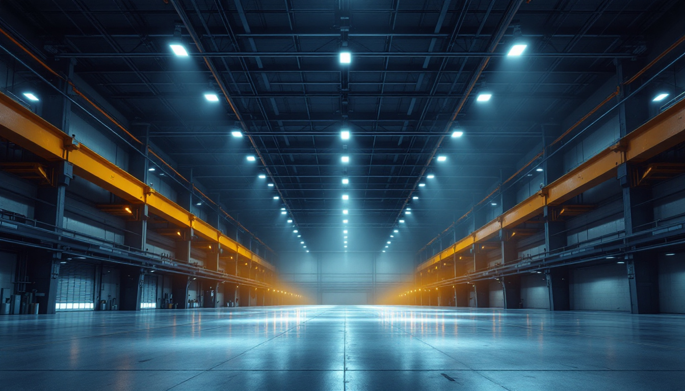 A photograph of a well-lit industrial space showcasing ufo led high bay lights in action