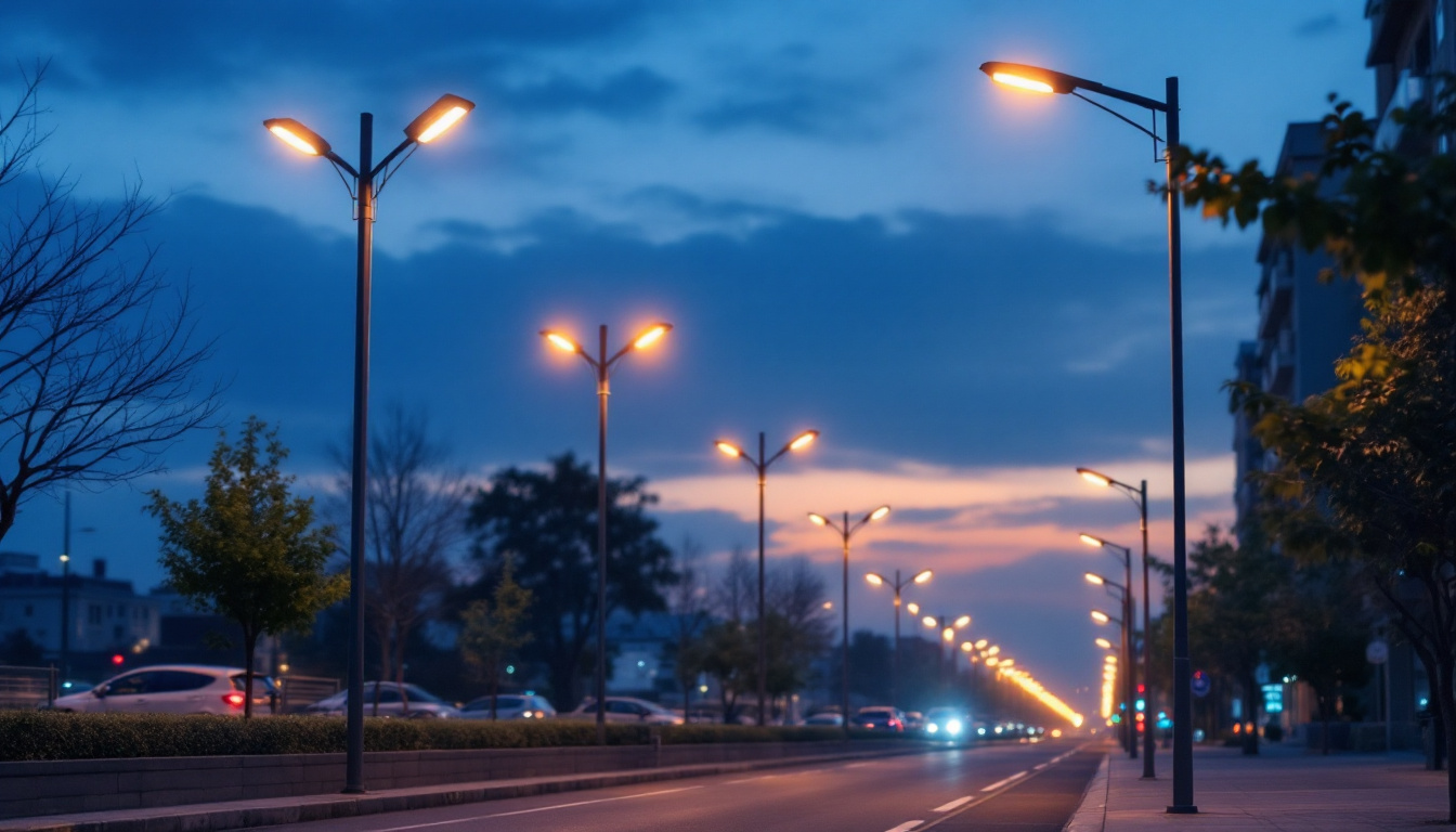 A photograph of capture a photograph of a well-lit urban street scene featuring multiple led street lamps