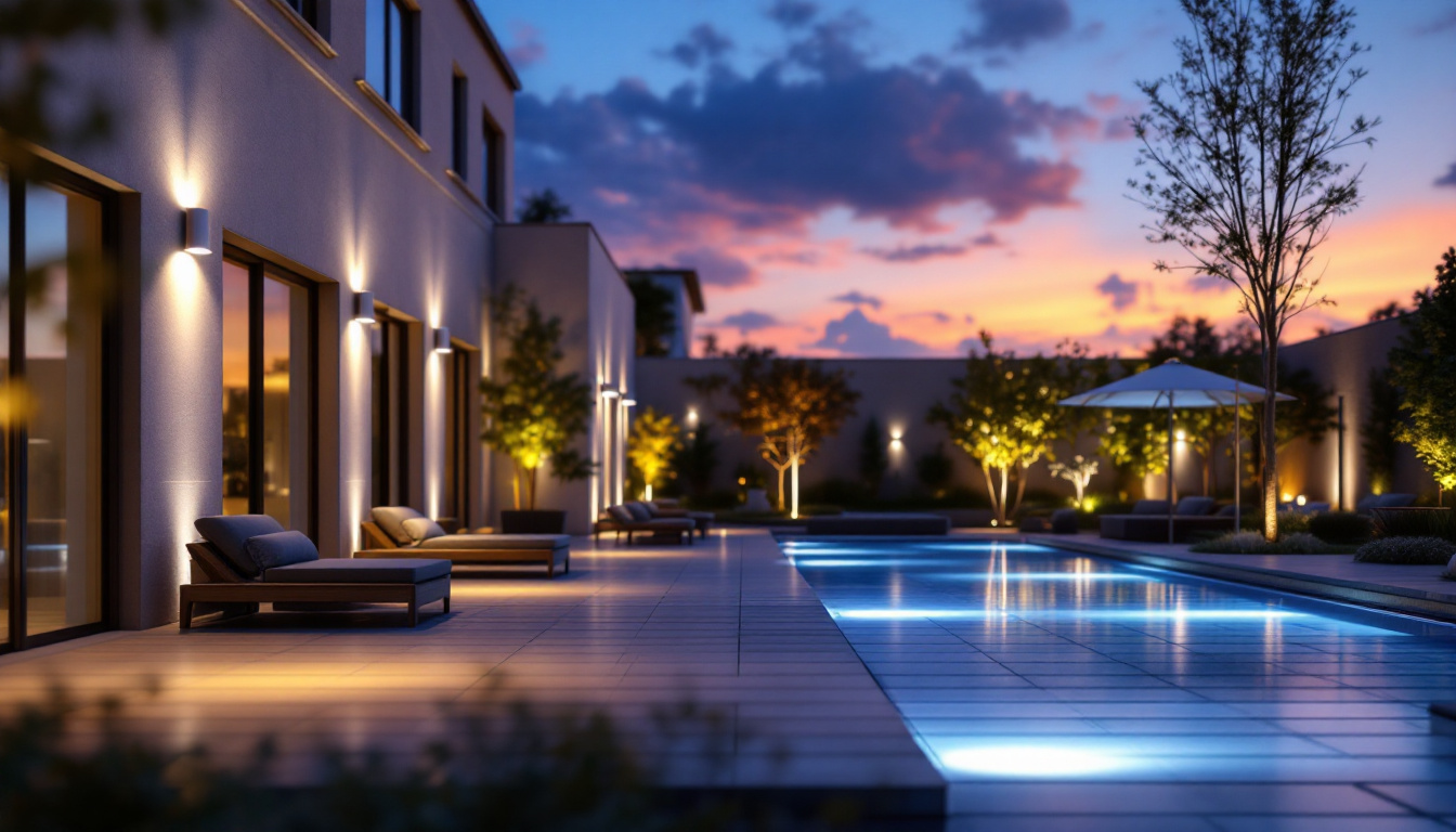 A photograph of a beautifully illuminated outdoor space showcasing various types of smart lighting systems