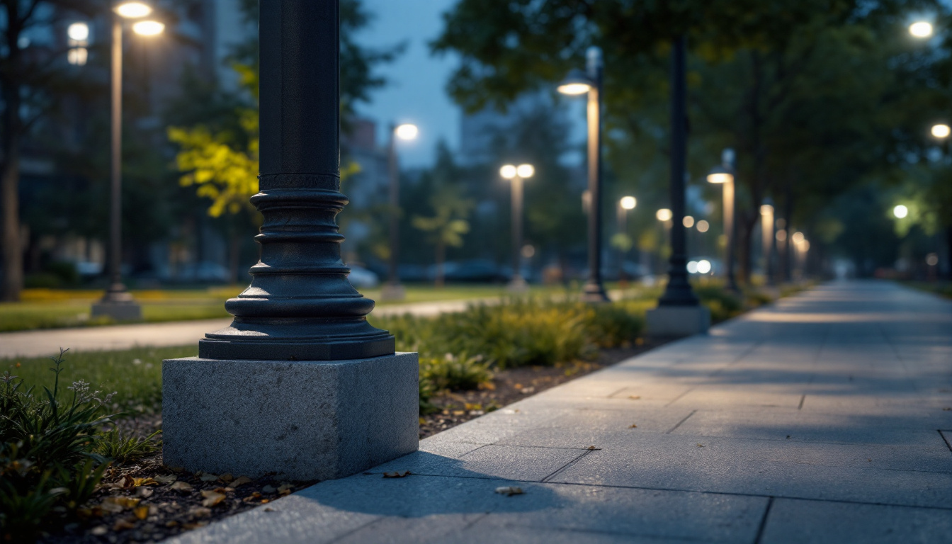 A photograph of a well-lit outdoor space featuring various light post bases