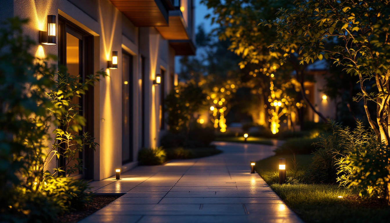 A photograph of a beautifully lit outdoor space showcasing motion security lights in action