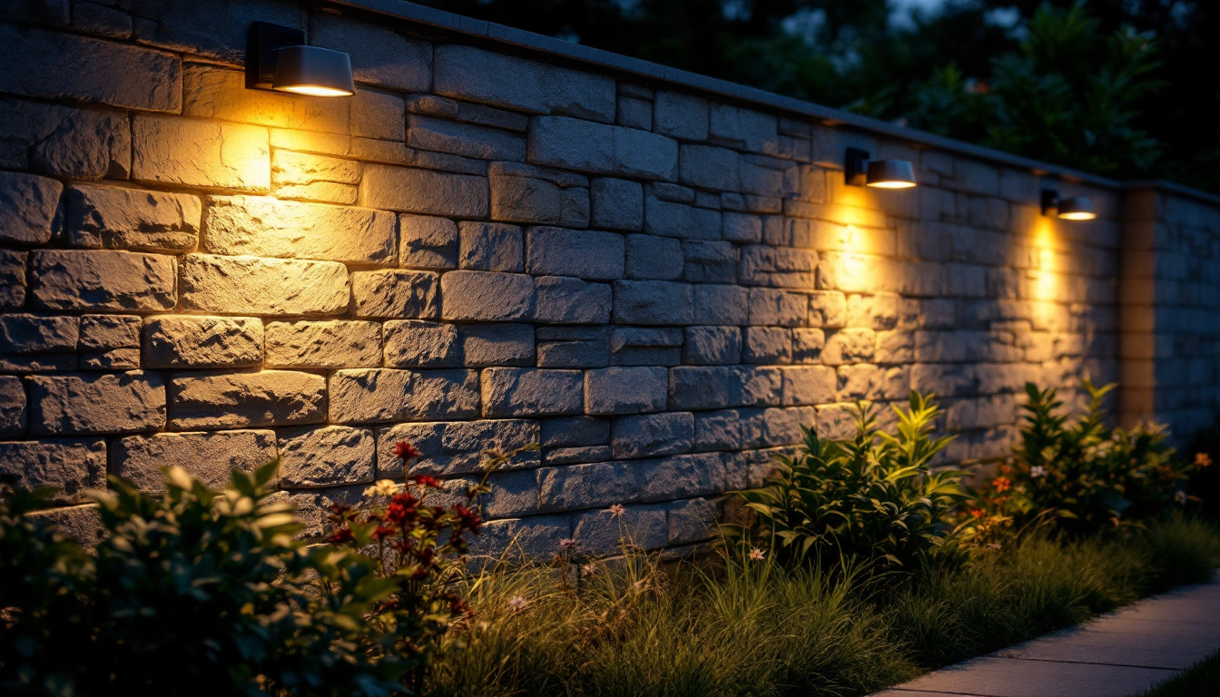 A photograph of a beautifully illuminated outdoor wall featuring solar lights with sensors