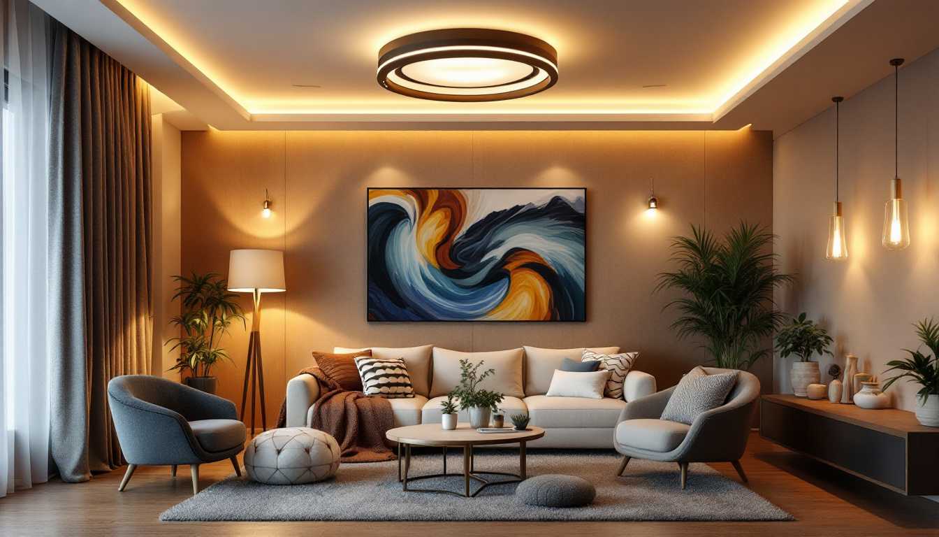 A photograph of a stylishly arranged room featuring various discount ceiling lights in different styles and settings