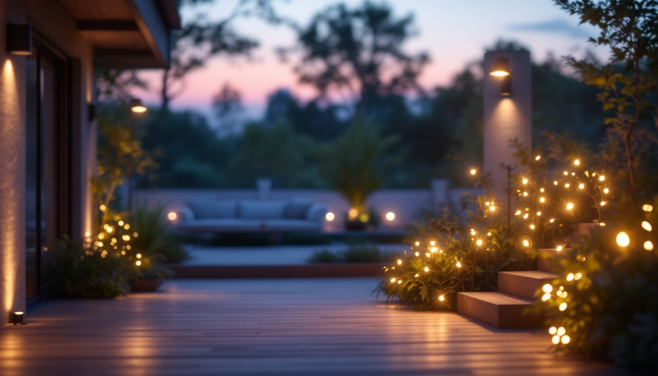A photograph of a beautifully illuminated outdoor space featuring solar led lights integrated with smart lighting controls