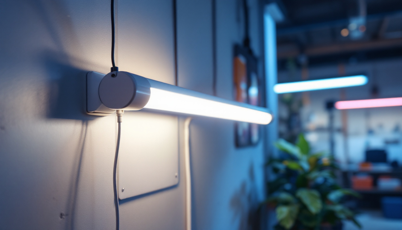 A photograph of a t8 tube light installed in a modern electrical engineering workspace