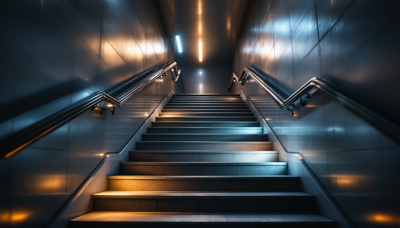 A photograph of a well-lit stairwell featuring led lights that highlight safety features and compliance elements