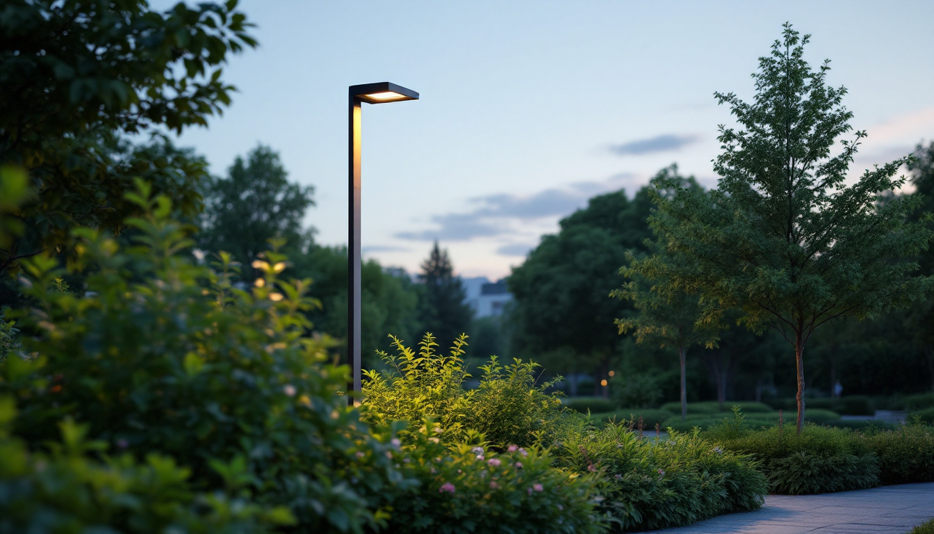 A photograph of a modern exterior light pole integrated into a lush