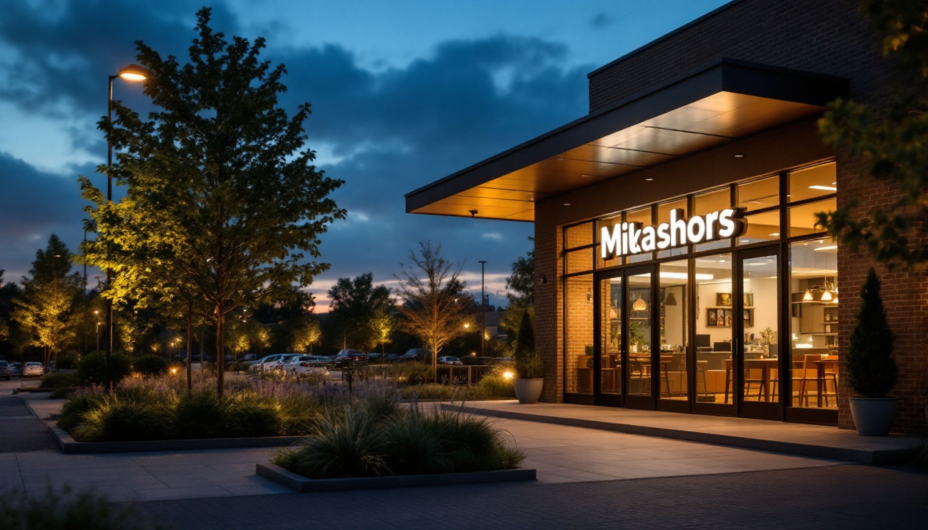 A photograph of a well-lit outdoor signage installation at dusk