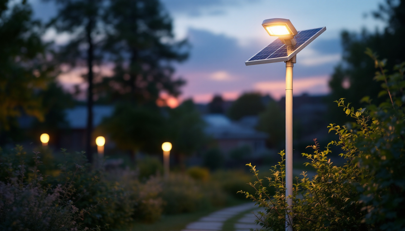 A photograph of a solar-powered led pole light installed in an outdoor setting during twilight