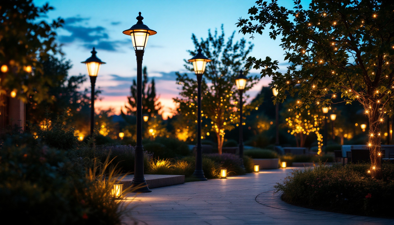 A photograph of a beautifully illuminated outdoor space featuring various styles of led pole lights in use