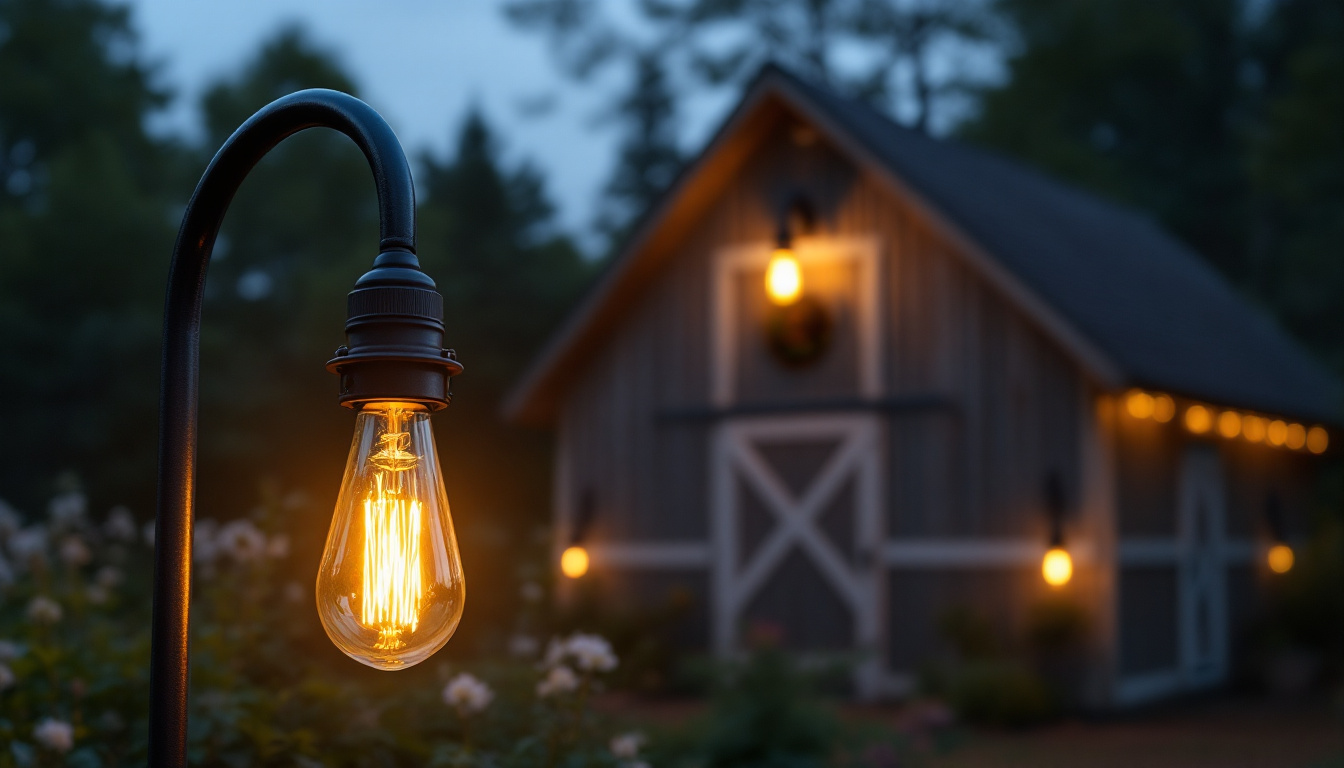 A photograph of a beautifully designed gooseneck barn light illuminating a rustic outdoor setting