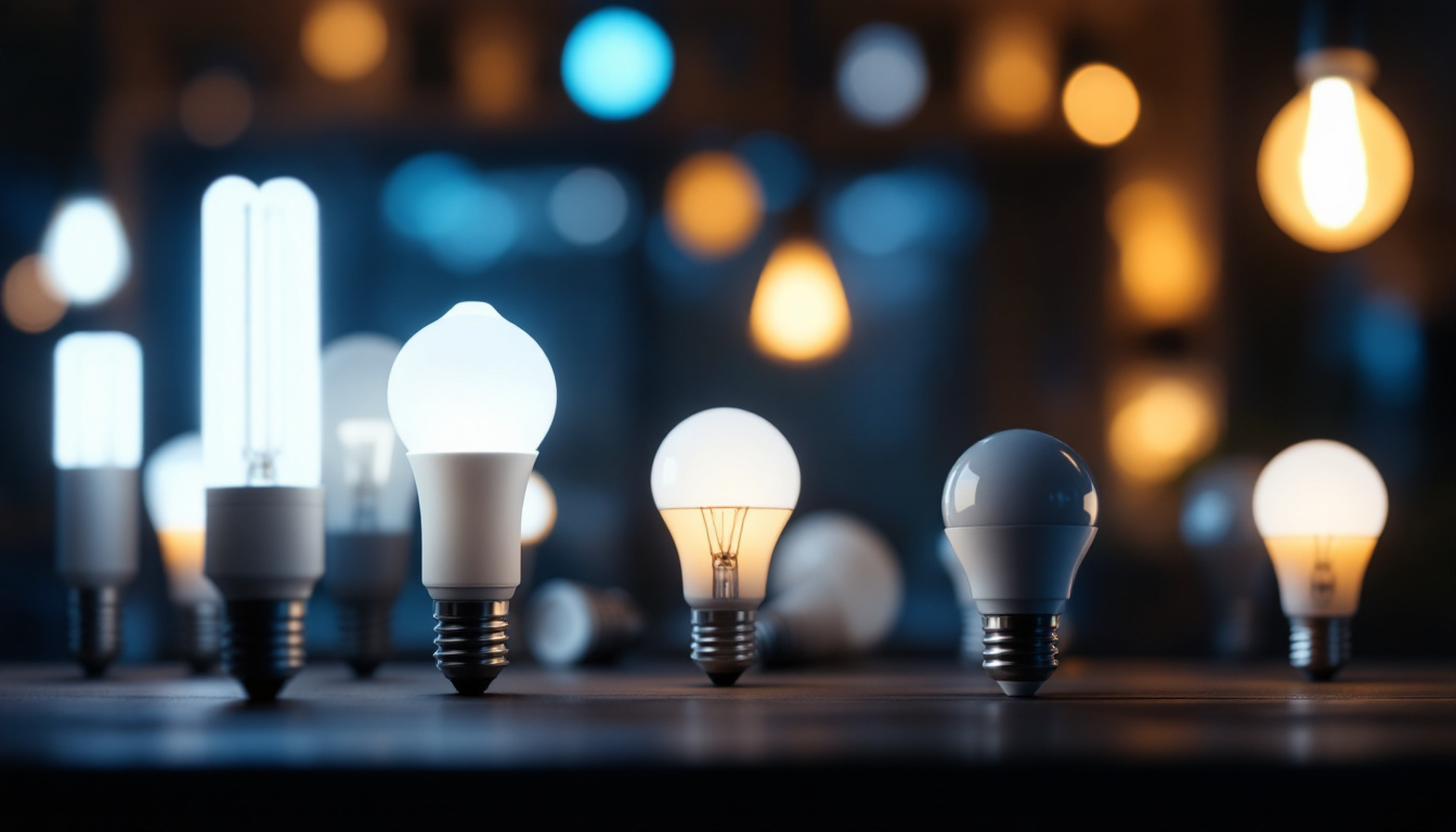A photograph of a close-up shot of a variety of led light bulbs in different shapes and sizes
