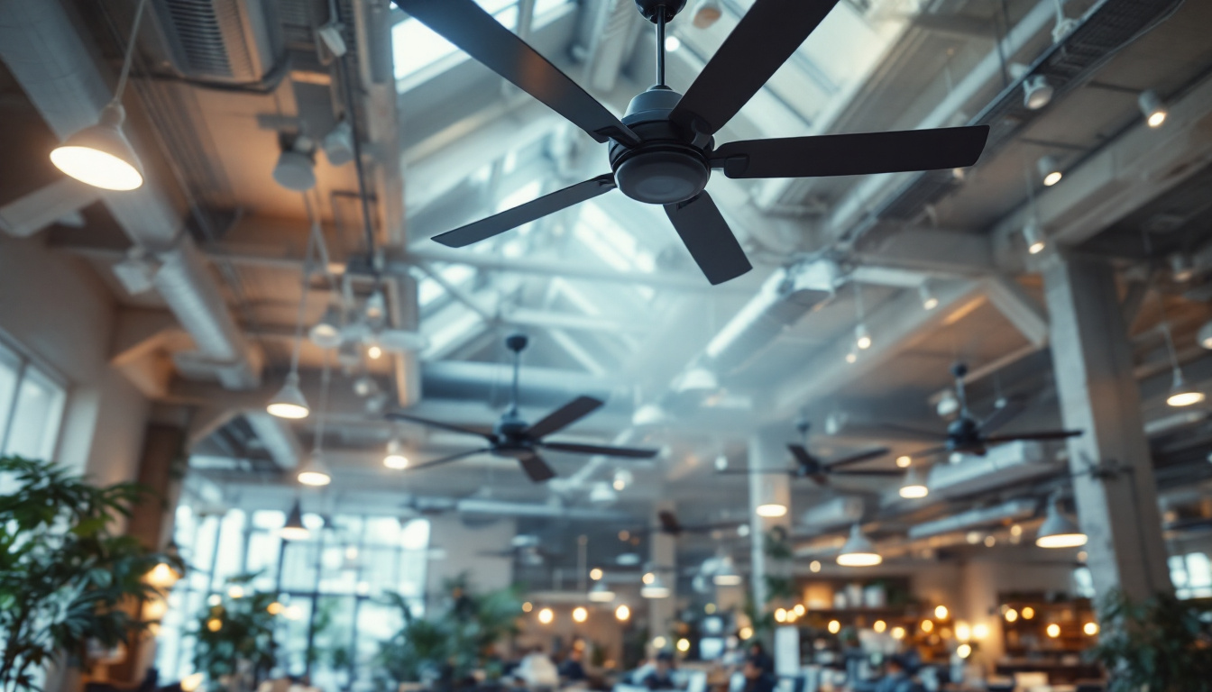 A photograph of a spacious commercial interior featuring large ceiling fans in action