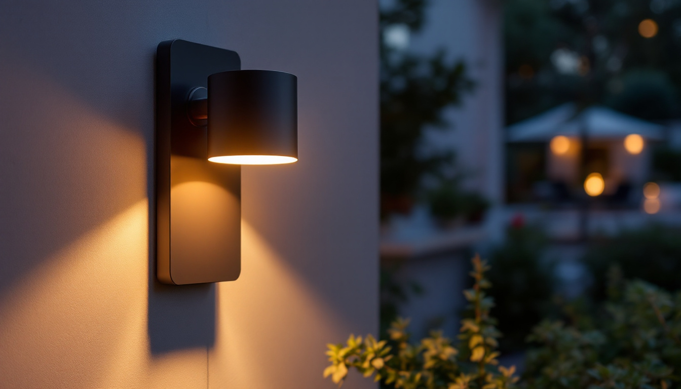 A photograph of a beautifully designed solar-powered outdoor wall sconce illuminated at dusk