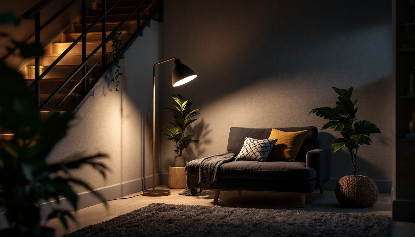 A photograph of a stylish basement lamp illuminating a cozy