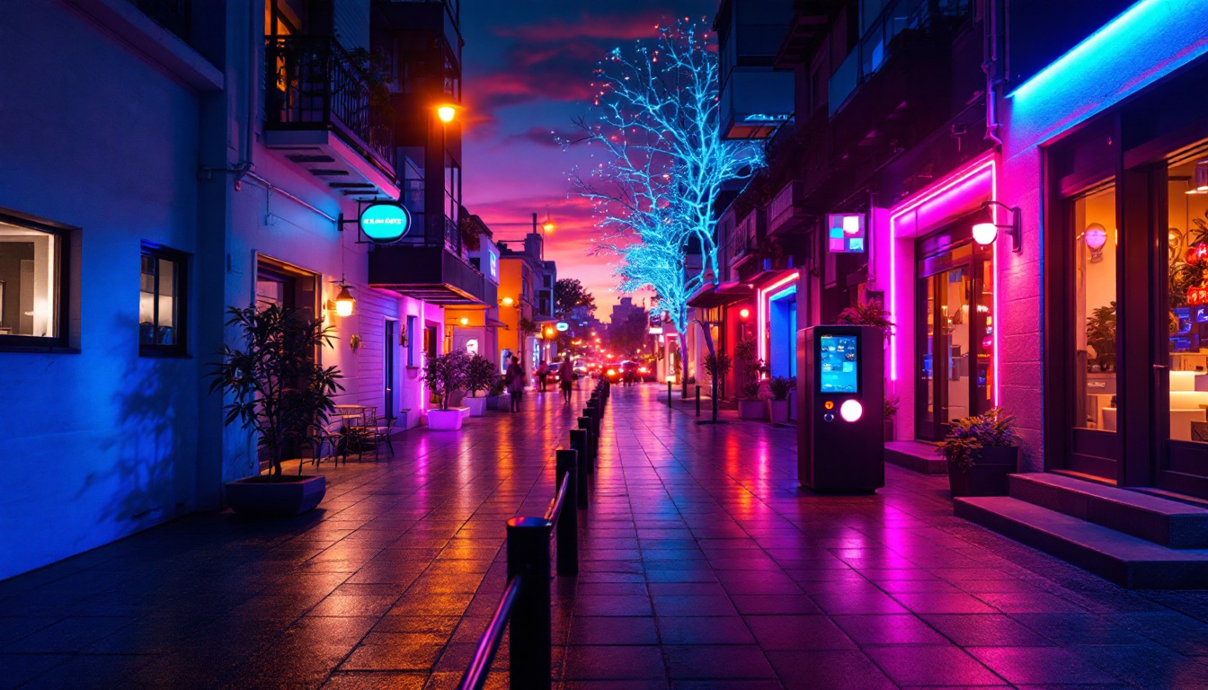 A photograph of a vibrant urban scene illuminated by led quasar lighting