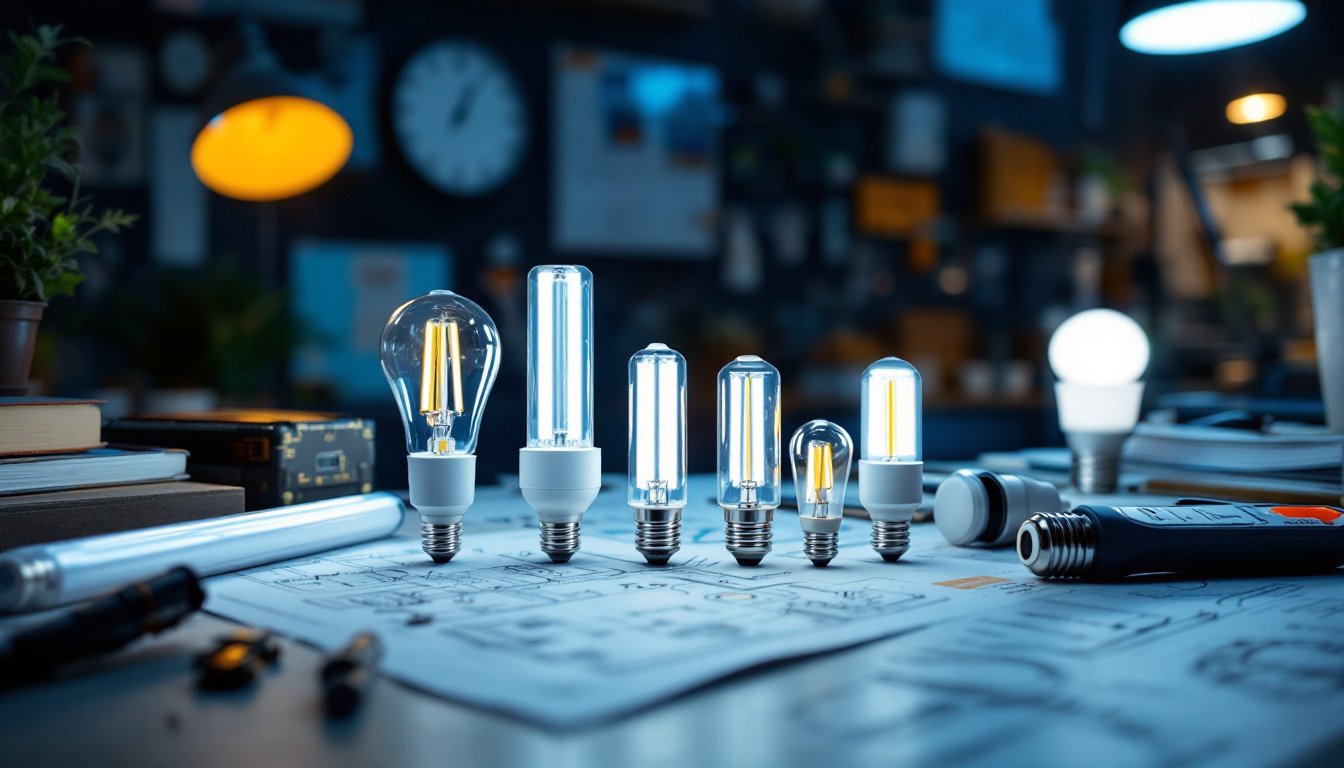 A photograph of a well-lit workspace featuring a variety of t8 led bulbs in different settings
